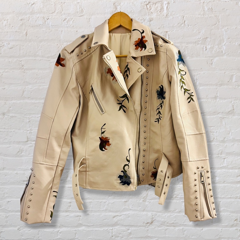 Vegan Leather Floral Moto Jacket